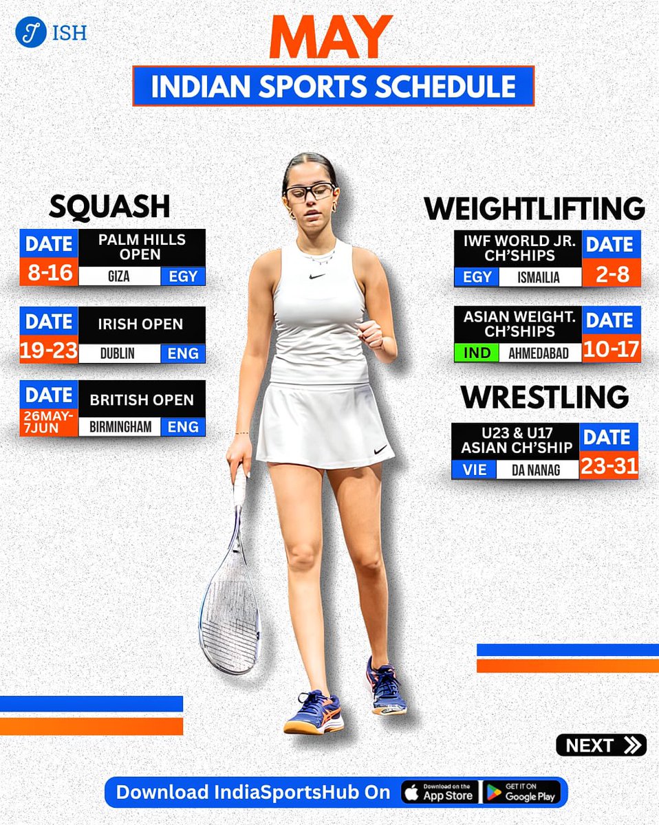 IndiaSportsHub's tweet image. MAY IS STACKED FOR INDIAN SPORT 🇮🇳🔥  

Save the calendar. Stay updated. Don’t miss the action.  

📲 Full schedules, live updates &amp;amp; athlete tracking on the IndiaSportsHub app.  

#May2026 #IndianSports #IndiaSportsHub