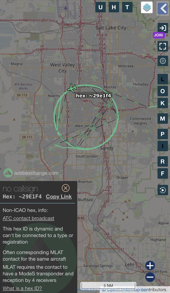 SLCScanner's tweet image. Hmmmmm 🤔 This is current right now. #Aviation #SLC #Utah 

I could easily zoom in on it with my other camera but I don’t have the time at the moment. 

globe.adsbexchange.com/?icao=~29e1f4