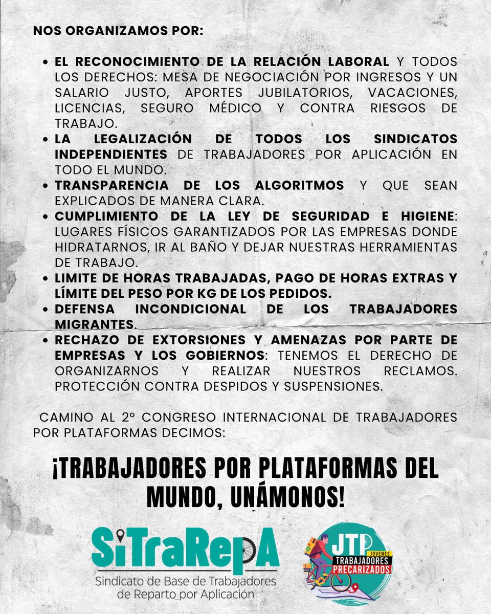 sitrarepa's tweet image. ¡Feliz día de las y los trabajadores!¡Trabajadores por plataformas del mundo, unámonos! 

Lee nuestra declaración en las imágenes

#delivery #repartidores #pedidosya #rappi #mercadoenvíos