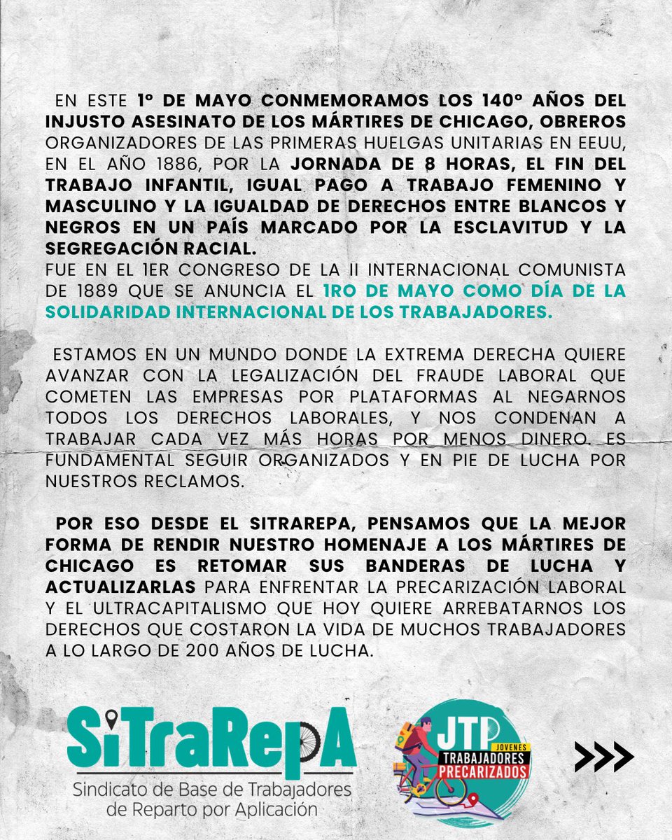 sitrarepa's tweet image. ¡Feliz día de las y los trabajadores!¡Trabajadores por plataformas del mundo, unámonos! 

Lee nuestra declaración en las imágenes

#delivery #repartidores #pedidosya #rappi #mercadoenvíos