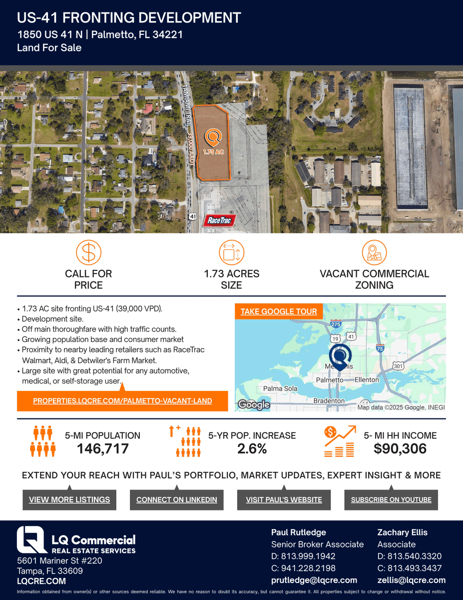 ExtendedReachUS's tweet image. 🚧 Palmetto FL | US-41 Fronting Land for Sale 🌴
Ideal retail/commercial site in growing Manatee Co!
📞 Paul: 941.228.2198 | Zach: 813.493.3437
#CRE #FloridaLand #PalmettoFL #DevelopmentOpportunity