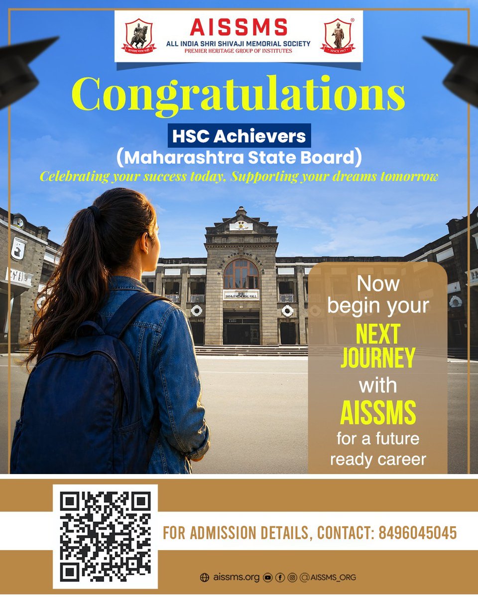 AISSMS_ITI's tweet image. Congratulations to all HSC students of the Maharashtra State Board on completing an important milestone.

Admissions Open 2026–27.

For admission details, Contact: 8496045045

Visit us at aissms.org

#AISSMS #MaharashtraStateBoard #AdmissionsOpen #HSC