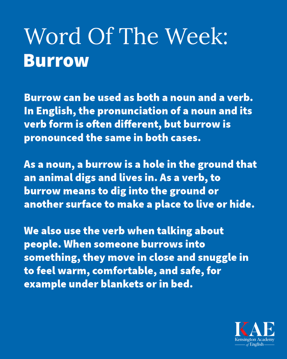 KAESocial's tweet photo. Happy May Day! To welcome spring, here’s our cosy, seasonal #wordoftheweek inspired by wildlife emerging from their underground homes.

Please note: Monday is a Bank Holiday, so classes resume on Tuesday. Enjoy the long weekend! https://t.co/4xoXWjwrTh