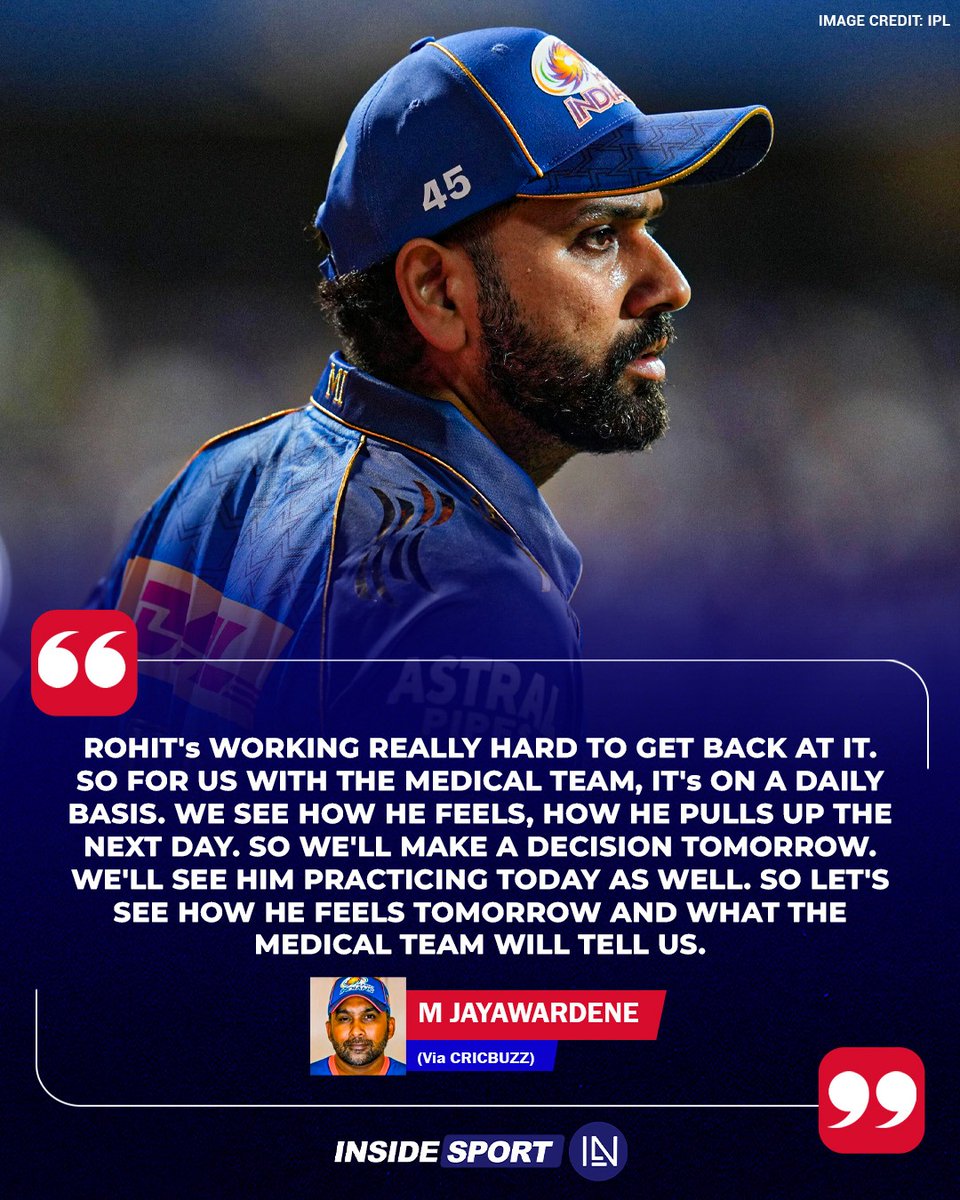 InsideSportIND's tweet image. MI's head coach Mahela Jayawardene provides an update on Rohit Sharma 

#MI #IPL2026 #RohitSharma #Insidesport #CricketTwitter
