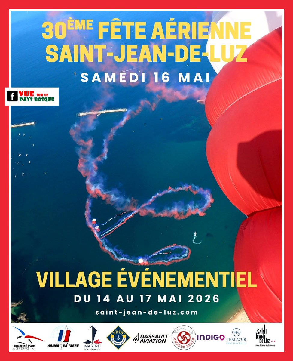 vuesurpyrenees's tweet image. Fête aérienne  2026  
du 14 au 17 mai  à Saint-Jean-de-Luz 

programme
vuesurlespyrenees.blogspot.com/2026/05/fete-a…

Meeting aérien de la Patrouille de France, village, simulateur de vol ...

#spectacle #aerien #paysbasque #pyreneesatlantiques #aviation