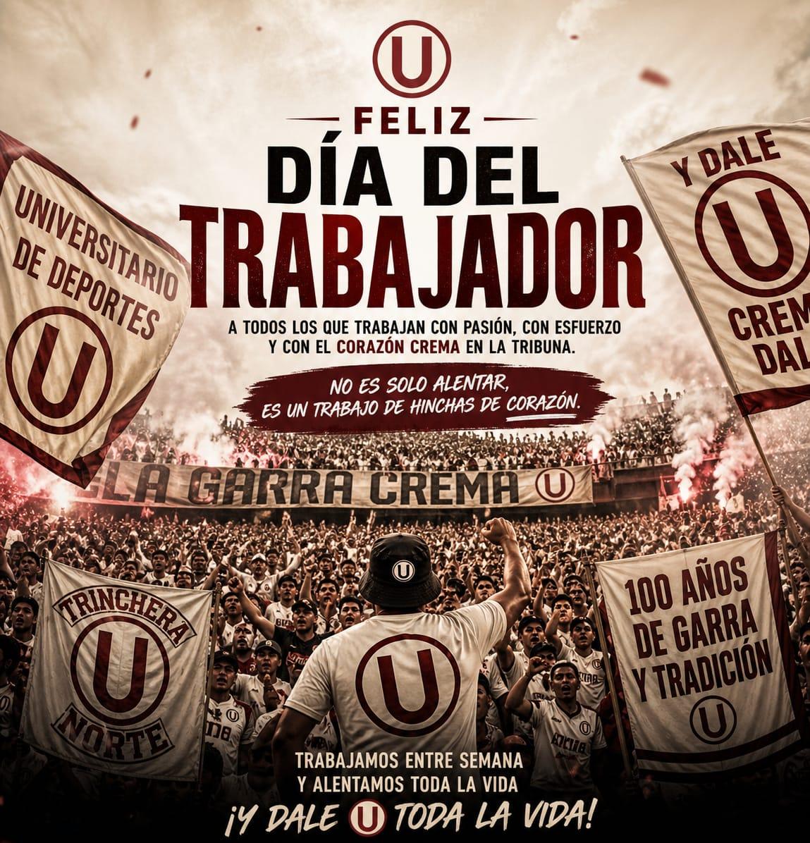 Hoy es el día de la hinchada que trabaja todo el año por Universitario.  
De la barra que llega 7 horas antes al Monumental a colgar banderas, colgar trapos, armar la fiesta.  

Su único pago es ver ganar a UNIVERSITARIO.  
Su única recompensa es el grito de gol en la
