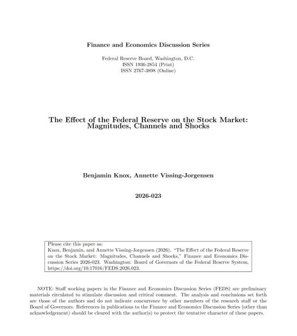Highly relevant!

"The Effect of the Federal Reserve on the Stock Market: Magnitudes, Channels and Shocks" by Benjamin Knox and Annette Vissing-Jorgensen.

"The Fed’s effect on the stock market is large, even for average stock returns earned over periods of several decades.
