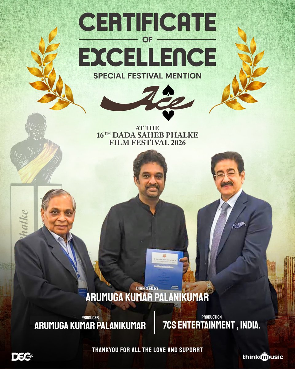 Cinematalks_'s tweet image. Big win for #Ace 🏆✨

Special Festival Mention at the 16th Dada Saheb Phalke Film Festival 2026 🙌

Kudos to director @Aaru_Dir for this fantastic achievement 👏🔥

Well deserved recognition for an entertainer that struck a chord 💥

#AceWins #DSPFF2026.