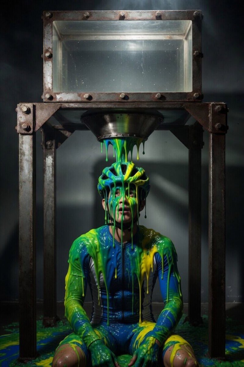 GungeSg's tweet image. A gloopey artistic makeover for a cyclist clad in tight lycra and his cycling helmet.

#gunge #ai #grok