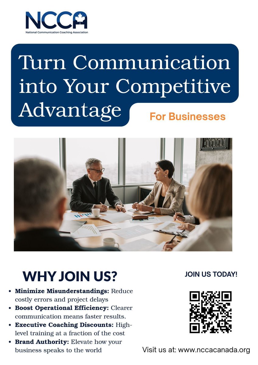 NCCACanada's tweet image. Businesses: make communication your competitive edge. Cut misunderstandings that lead to costly mistakes and delays. Speed up operations with clearer messaging. Get discounted executive coaching for senior leaders and elevate how your brand speaks to the world. #BusinessGrowth