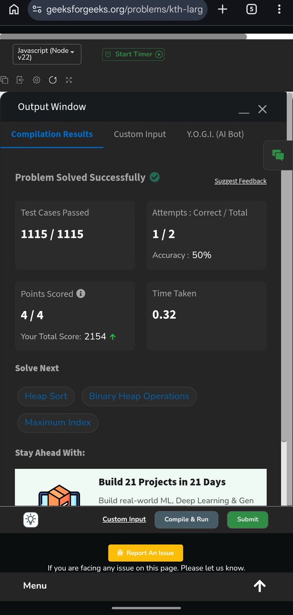 Pratikshak19332's tweet photo. 🎉 Day 597 ✅ @geeksforgeeks #POTD !
Kth Largest in a stream:
Sort each step ❌ → Min Heap (size k) ✅
Learned: Optimize brute force with better DS 🚀
#Day597 #DSA #Coding #geeksforgeeks #JavaScript https://t.co/I67dqb7HHO