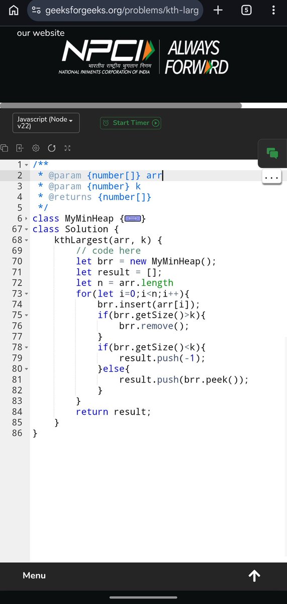 Pratikshak19332's tweet photo. 🎉 Day 597 ✅ @geeksforgeeks #POTD !
Kth Largest in a stream:
Sort each step ❌ → Min Heap (size k) ✅
Learned: Optimize brute force with better DS 🚀
#Day597 #DSA #Coding #geeksforgeeks #JavaScript https://t.co/I67dqb7HHO