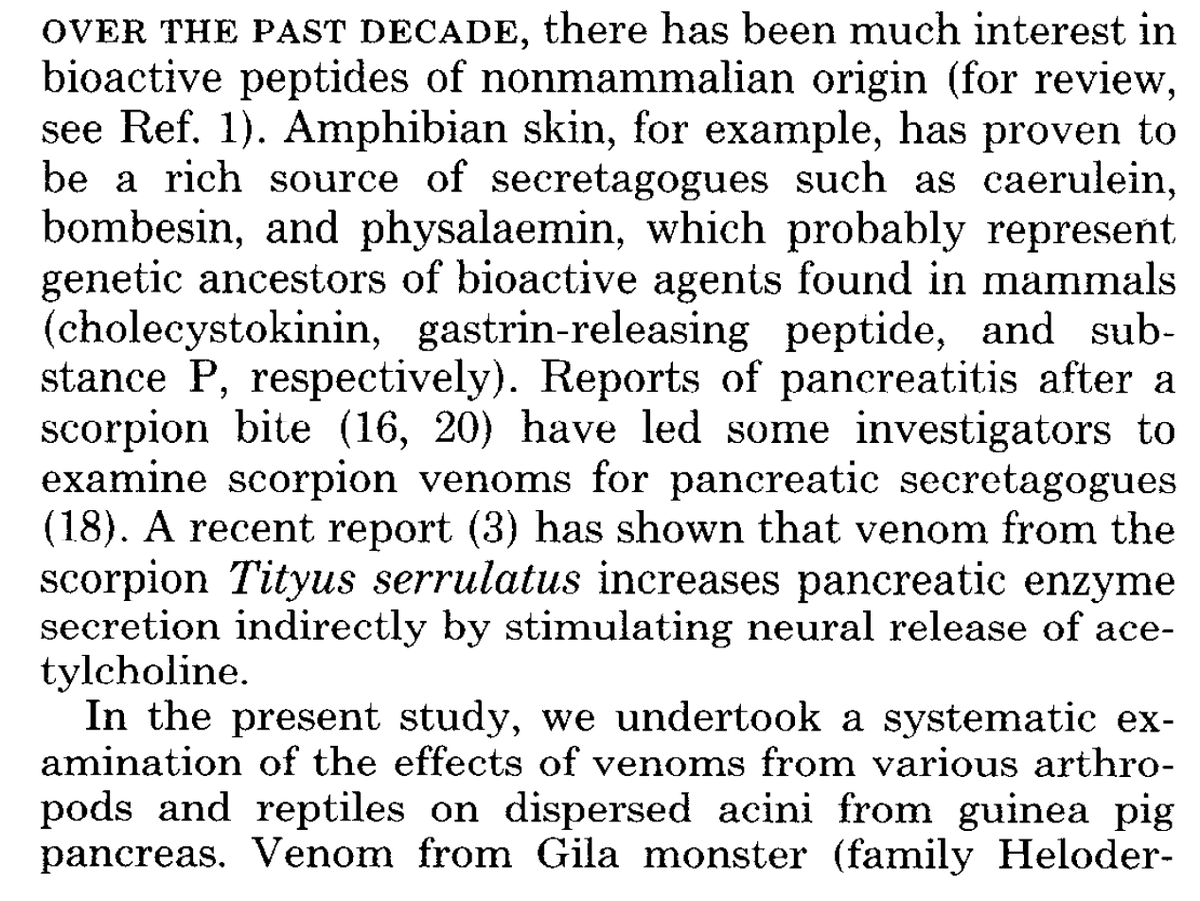 thisischristina's tweet photo. I love how blurry the line btwn applied and basic research is. People noticed a case of pancreatitis from a scorpion bite + how Gila monsters don't eat for long stretches + knew about GLP-1 peptides in humans so they did biochemical analysis to find the novel peptides in venoms https://t.co/DsIHBKMg8b