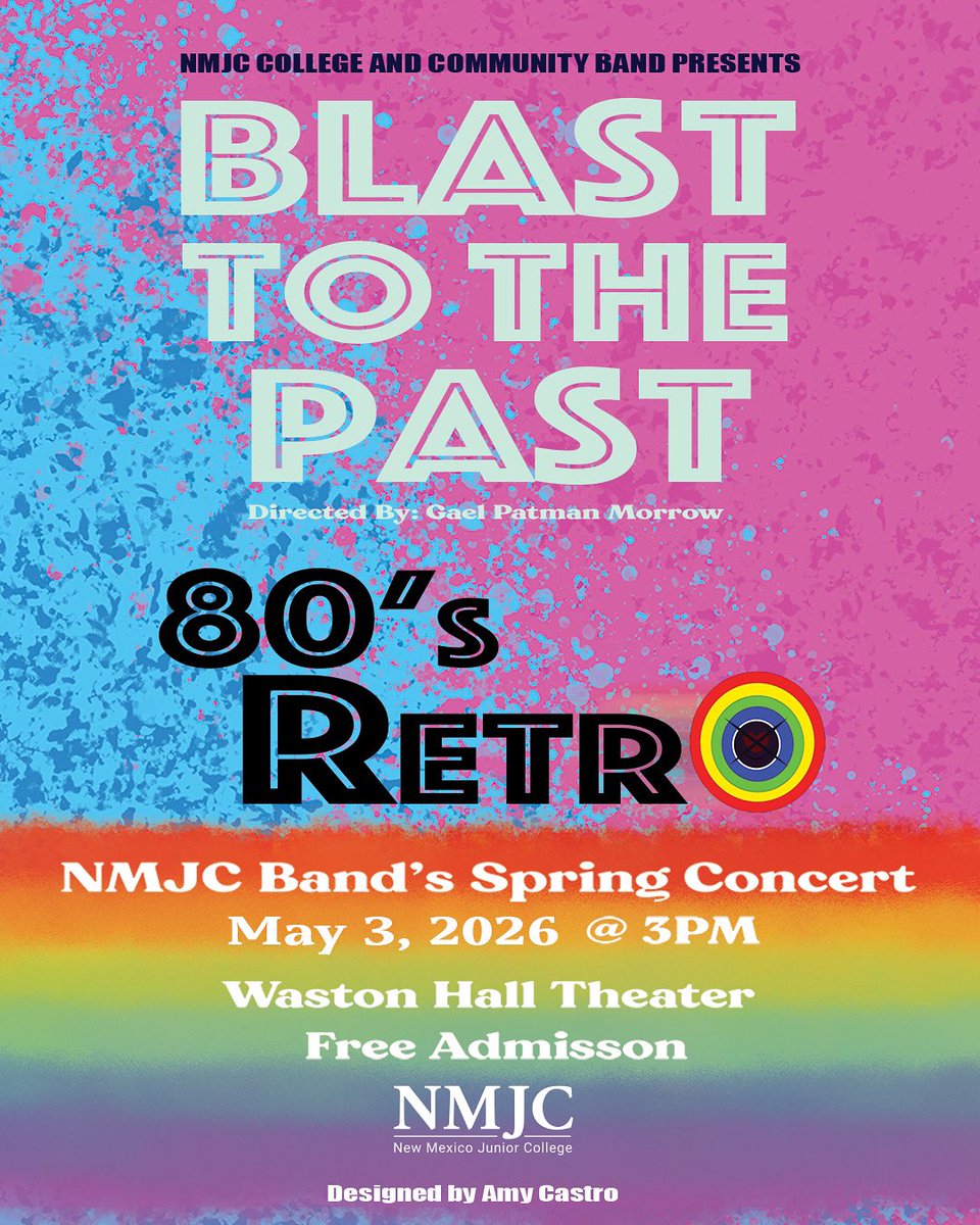 NewMexicoJC's tweet photo. Get ready to travel back in time! New Mexico Junior College and Community Band present Blast to the Past, an ’80s Retro concert full of classic hits. Join us on May 3 at 3:00 PM in Watson Hall Theater!

#NMJC #NewMexicoJuniorCollege
#SuccessThroughLearning #FeelTheThunder https://t.co/o1gfxlt4Rn
