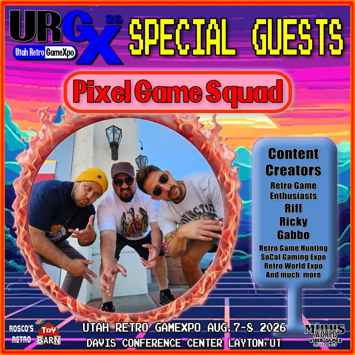 UtahRetroGameX's tweet photo. We would like to welcome the @pixelgamesquad  as special guests of Utah Retro GameXpo 2026. Riff, Ricky and Gabbo are content creators, giver's of things and collectors of video games! Avoid the lines and get your tickets now. https://t.co/fT1jLUl7SX https://t.co/L06G6x1xSd