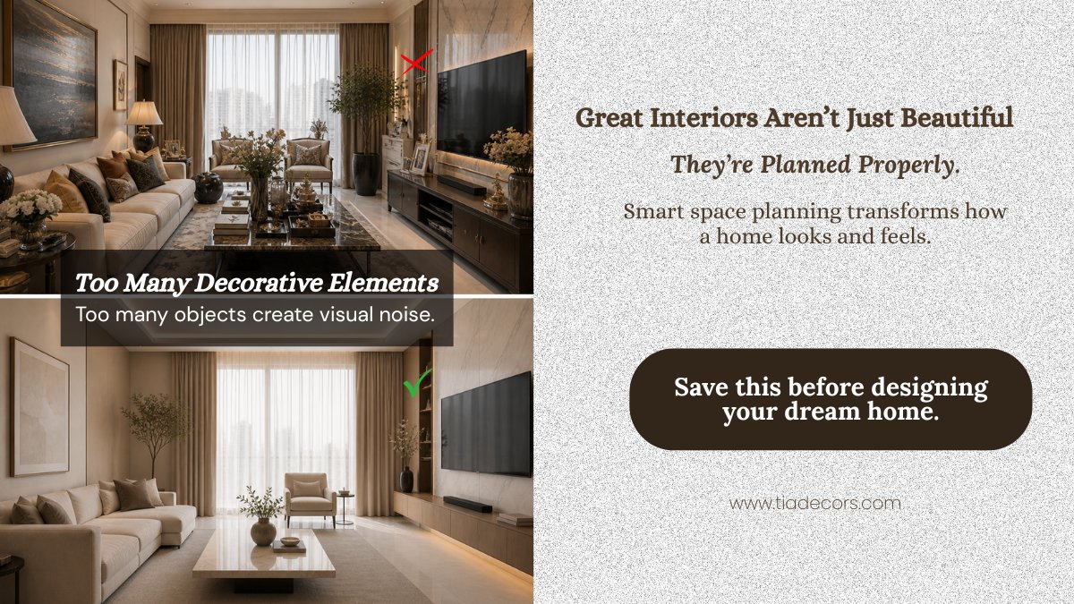 tiadecors's tweet image. Luxury interiors aren’t about adding more.
They’re about planning better.
Here are 5 space planning mistakes that make homes feel smaller &amp;amp; less luxurious — and how to avoid them. ✨
Save this before designing your home.

#InteriorDesign #DubaiInteriors #LuxuryInteriors