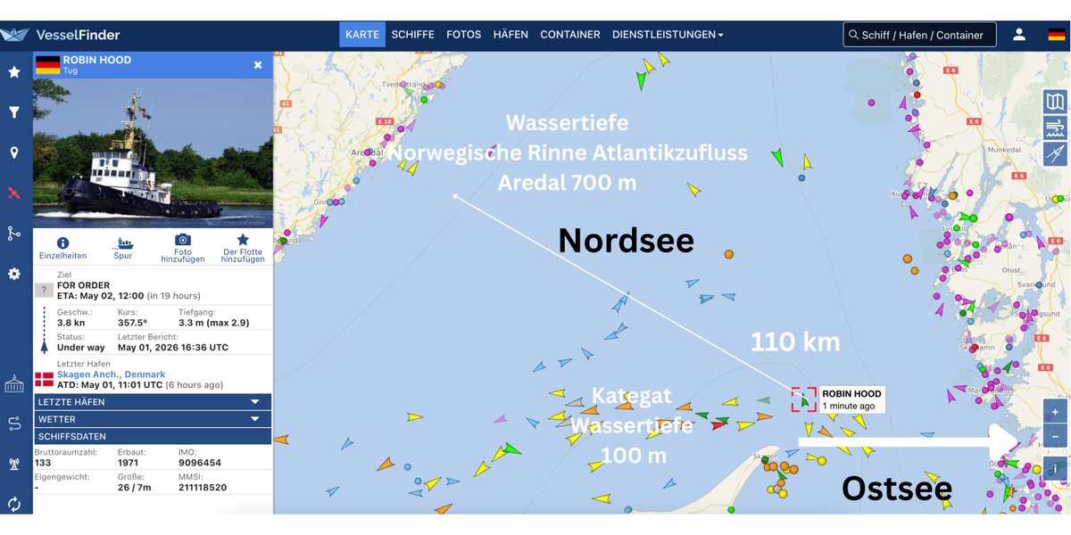MischaGER's tweet photo. #timmy die Barge ist nur ca. 100 km weit weg von der Norwegischen Rinne die vor Arendal 700 m tief ist und damit den direkten Weg in den Atlantik, eines ist klar seit 2 Stunden #Hope ist in der Nordsee https://t.co/oJJtx988p6