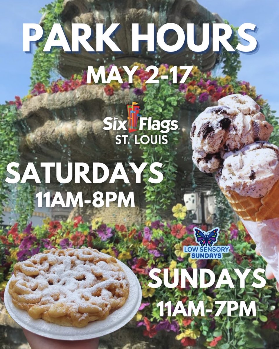 SFStLouis's tweet image. Park hours are here for early May through the 17! 🎉 Stop by, treat yourself, and enjoy that sunshine.

#sixflagsstlouis #enchantedparks #makingmemories