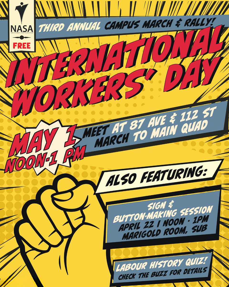 EdmLabour's tweet photo. Happy International Worker's Day to ALL! 

May Day is so let's celebrate the working class, or just give yourself a pat on the back!

You can join NASA at the U of A in a lunch time march OR join the the broader community in a rally &amp; march in Gazebo Park starting at 5:30 pm! https://t.co/DcS80V91o7