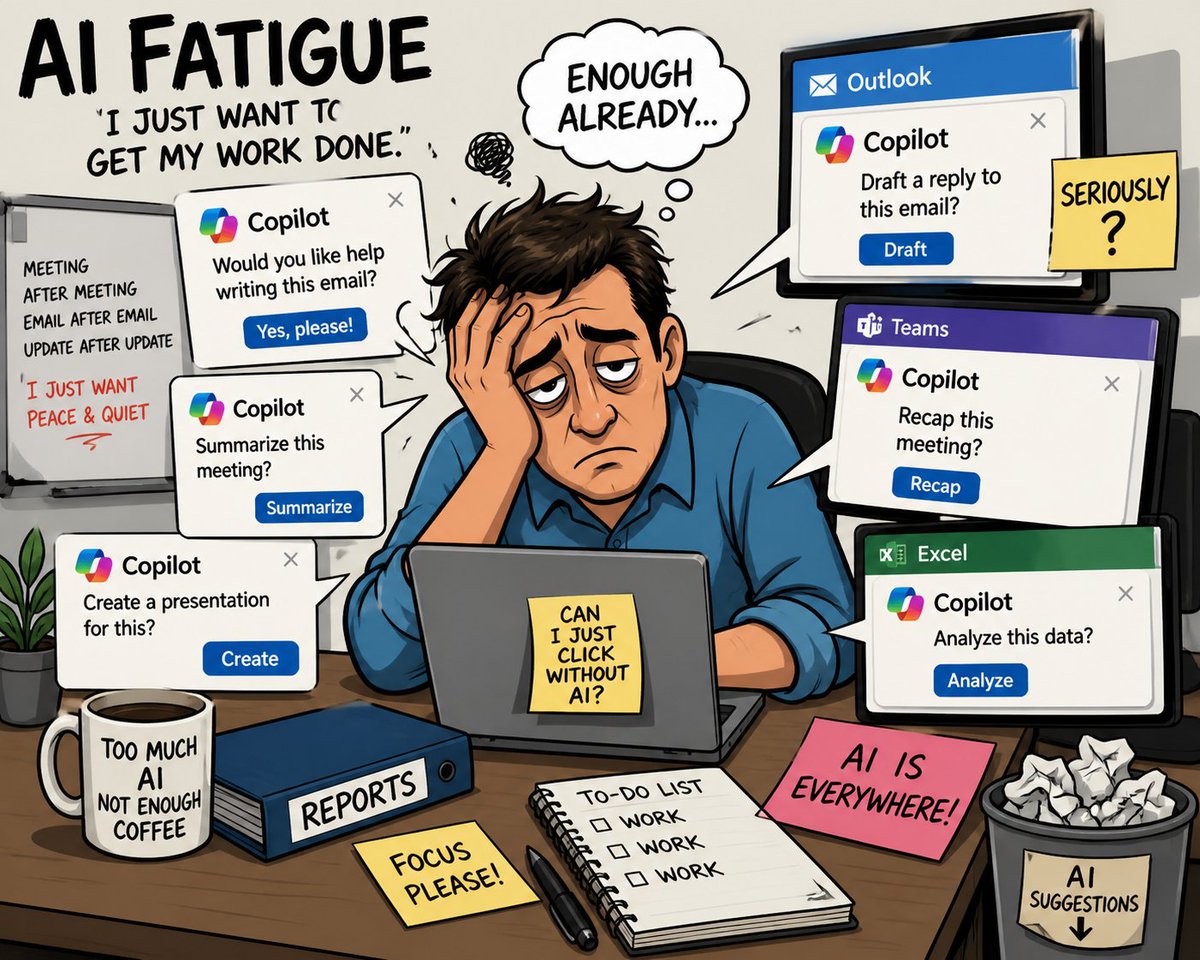 azelhajjar's tweet photo. Microsoft woke up one day and decided to shove Copilot everywhere. Open OneDrive, check email, Office? Copilot. Now it even wants me to install Copilot on my phone just to access a shared file on OneDrive. Getting boring! #Microsoft #Copilot #AIfatigue (Photo Ai generated 🤷‍♂️😁) https://t.co/S8KR6UrO9s