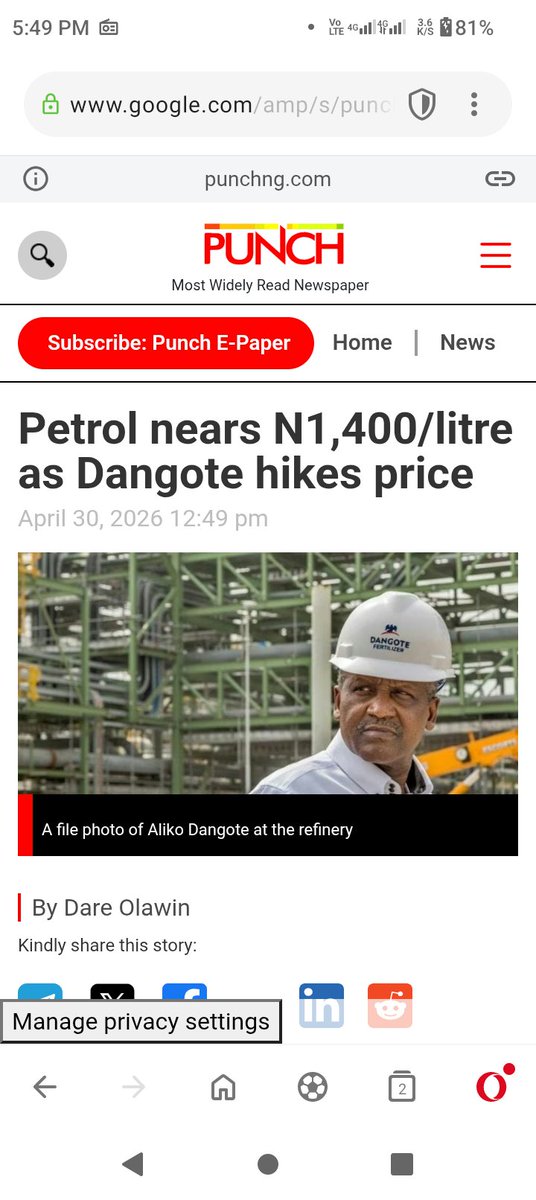 Fuel price hicks N1,364 low 1,400 naira per leter.