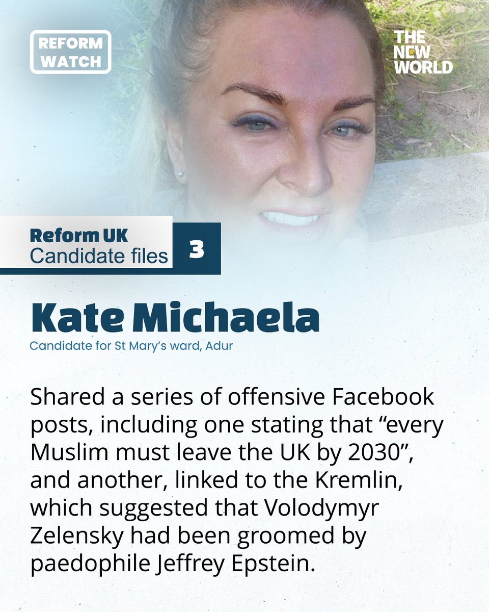 theReformwatch's tweet photo. Reform Watch &amp; @TheNewWorldmag  – Reform UK Election Files

Kate Michaela, candidate for St Mary’s ward in Adur, shared offensive posts about Muslims and promoted grotesque conspiracy theories. This is the kind of rhetoric that fuels hostility towards targeted communities. https://t.co/3saaRtgexs