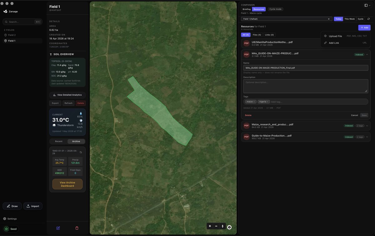 Musbell008's tweet photo. Farm experts already have their own way of doing things.

Resources in ZarSage AI lets you upload field docs, store/index them locally, and let the AI answer from your own records.

Private beta: https://t.co/j4vYsImSeu https://t.co/DewMZrf6n7
