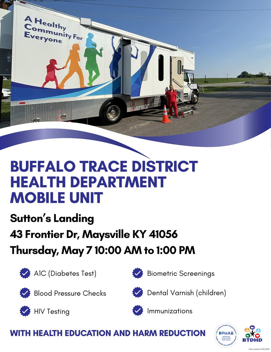 BuffaloTraceDHD's tweet photo. The Mobile Clinic will be heading to Sutton's Landing on May 7 from 10:00 AM-1:00 PM! 🩺 https://t.co/fgSsZXYY84