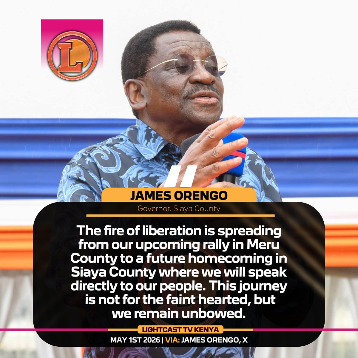 "The fire of liberation is spreading from our upcoming rally in Meru County to a future homecoming in Siaya County where we will speak directly to our people."~Orengo