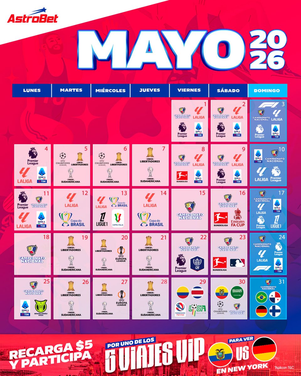 📅🔥 Mayo viene cargado… partidazos, definiciones y momentos que no se pueden dejar pasar. Este es el mes donde todo empieza a tomar forma. ¿Qué fecha tienes marcada? 👀

#Astrobet #Ecuador