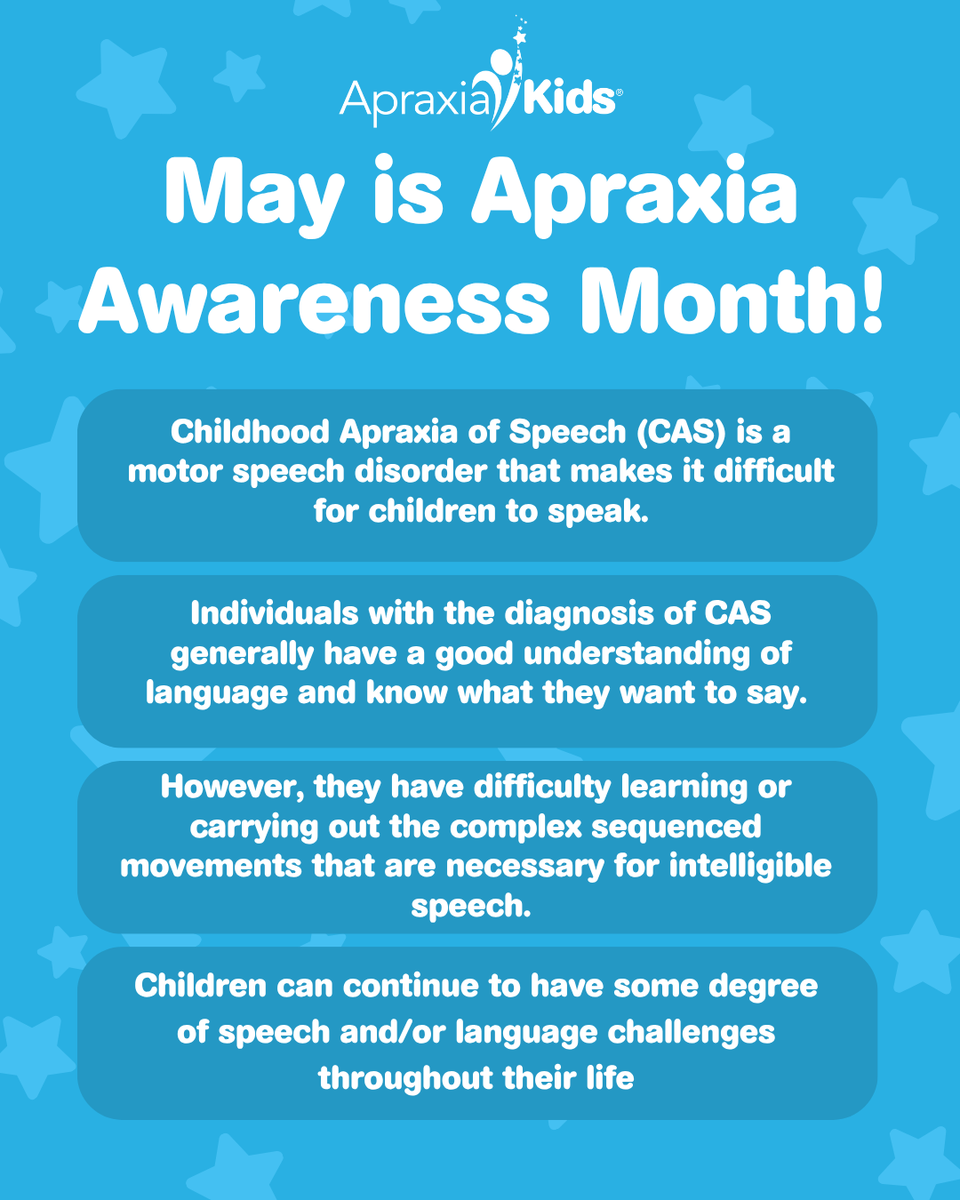 Apraxia_KIDS's tweet photo. May is Apraxia Awareness Month! 

Childhood Apraxia of Speech (CAS) - What's that? Share this image on your profile to help others learn about #APRAXIA! https://t.co/b7fXMrXBz6