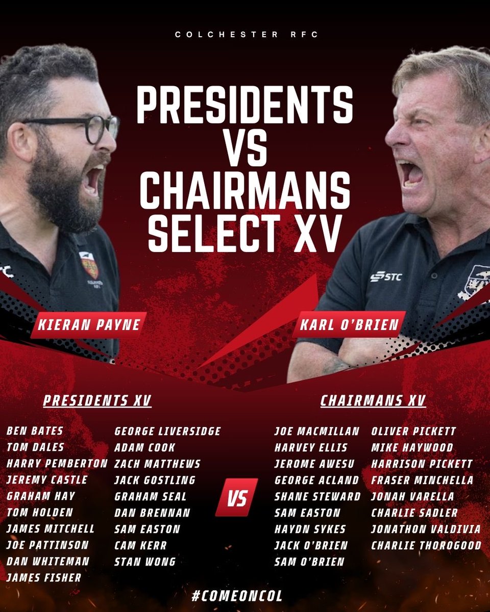 ColchesterRFC's tweet photo. SQUAD NEWS 🗞️ 

And they’re in! Here are your squads to represent the presidents and chairmans XV tomorrow - a few legends and a couple familiar faces! Who will take the win? 🏆 

#ComeOnCol #ColchesterRugby #Rugby #Colchester #RugbyLife https://t.co/w2SLJOY8Dc