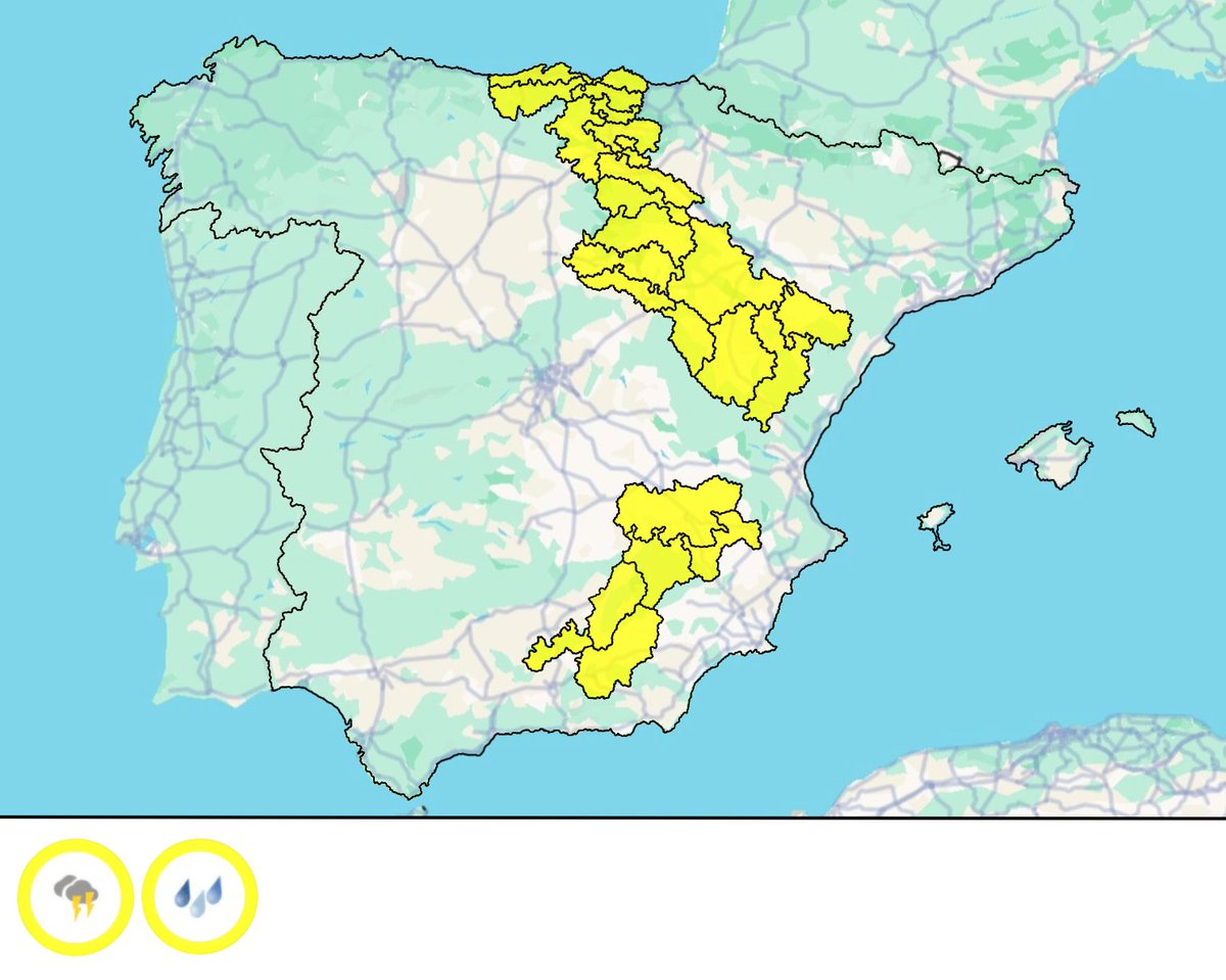MeteoAvisosEsp's tweet image. ACTUALIZACIÓN DE LOS AVISOS ACTIVOS HOY 01/05/2026 EN ESPAÑA PENINSULAR Y BALEARES:
Fuente: @AEMET_Esp
#AEMET #España #Meteo #aviso #tormenta #FMA #lluvia #Andalucía 
#CastillaLaMancha #Aragón #PaísVasco #Cantabria  #CastillaYLeón #LaRioja