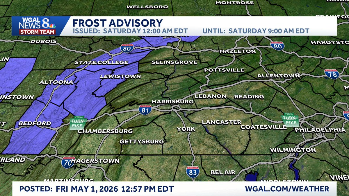 EthanWGAL's tweet image. A Frost Advisory has been issued for highlighted counties until May 02 9:00AM. A widespread frost is expected in the highlighted areas. Stay tuned to WGAL and wgal.com/weather for the latest. @WGAL #PAwx #ColdWeather