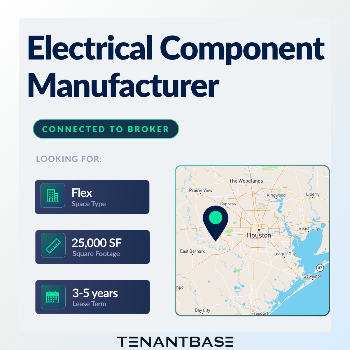 TenantBase's tweet image. Connected ⚡️
An electrical component manufacturer is now matched with a TenantBase partner broker in Houston, TX.
25,000 SF | Flex | 3–5 year lease

Find flex space in Houston → hubs.ly/Q04f8lln0

#TenantBase #CRE #HoustonCRE #FlexSpace #IndustrialSpace