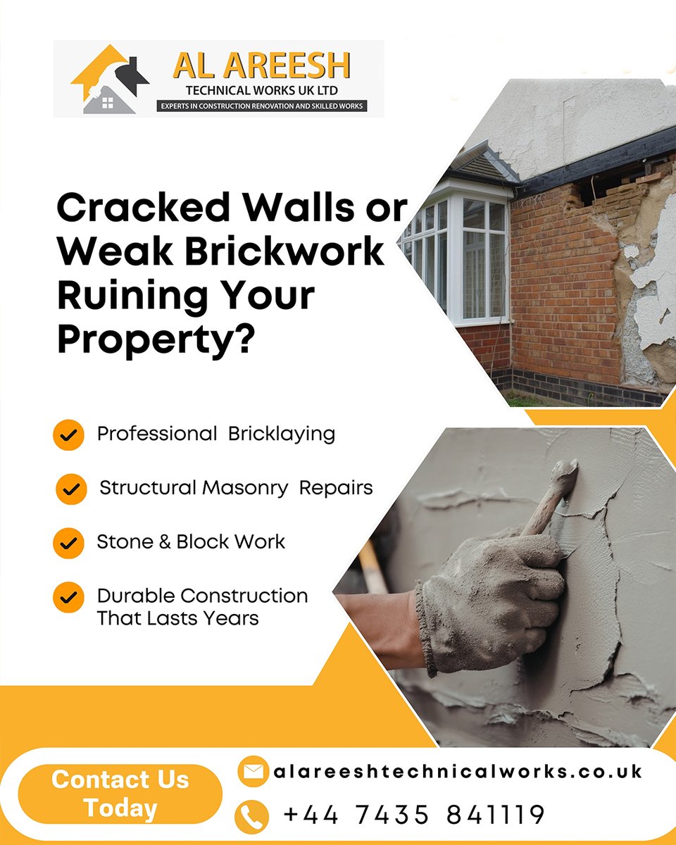 Alareeshuk's tweet image. Cracked walls or Weak bricks can hurt your home's value, so get expert Masonry and solid repairs to keep your building safe with clean Bricklaying and strong Fixes that stay in great shape for years. 🧱🏠

#Property #HomeImprovement #UKRealEstate #BuildingLondon #BricklayerLife