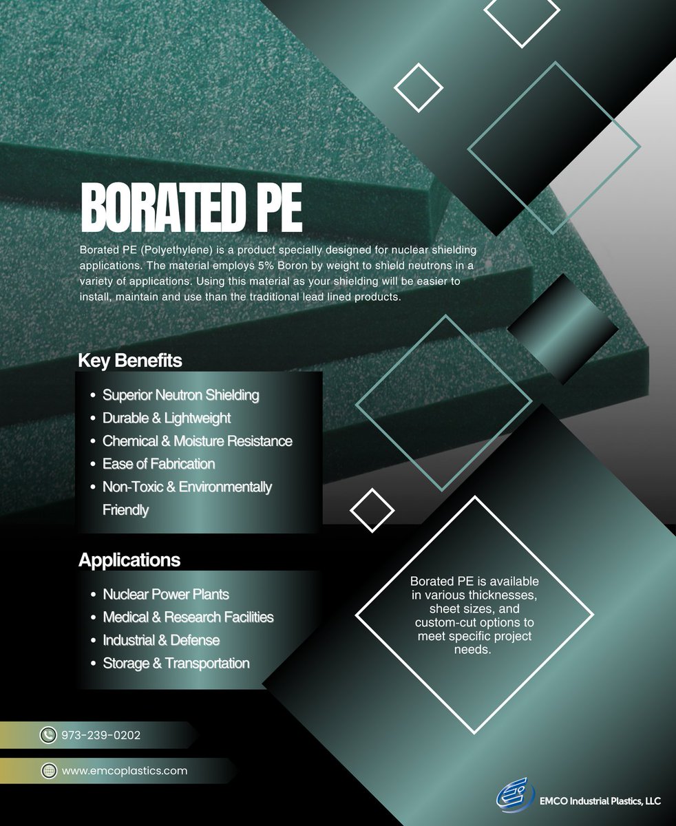 EmcoPlastics's tweet image. Engineered for nuclear shielding, medical environments, and research labs, Borated PE sheets are available through EMCO Plastics. Contact us today!

#polyethylene #plastics #plasticsindustry