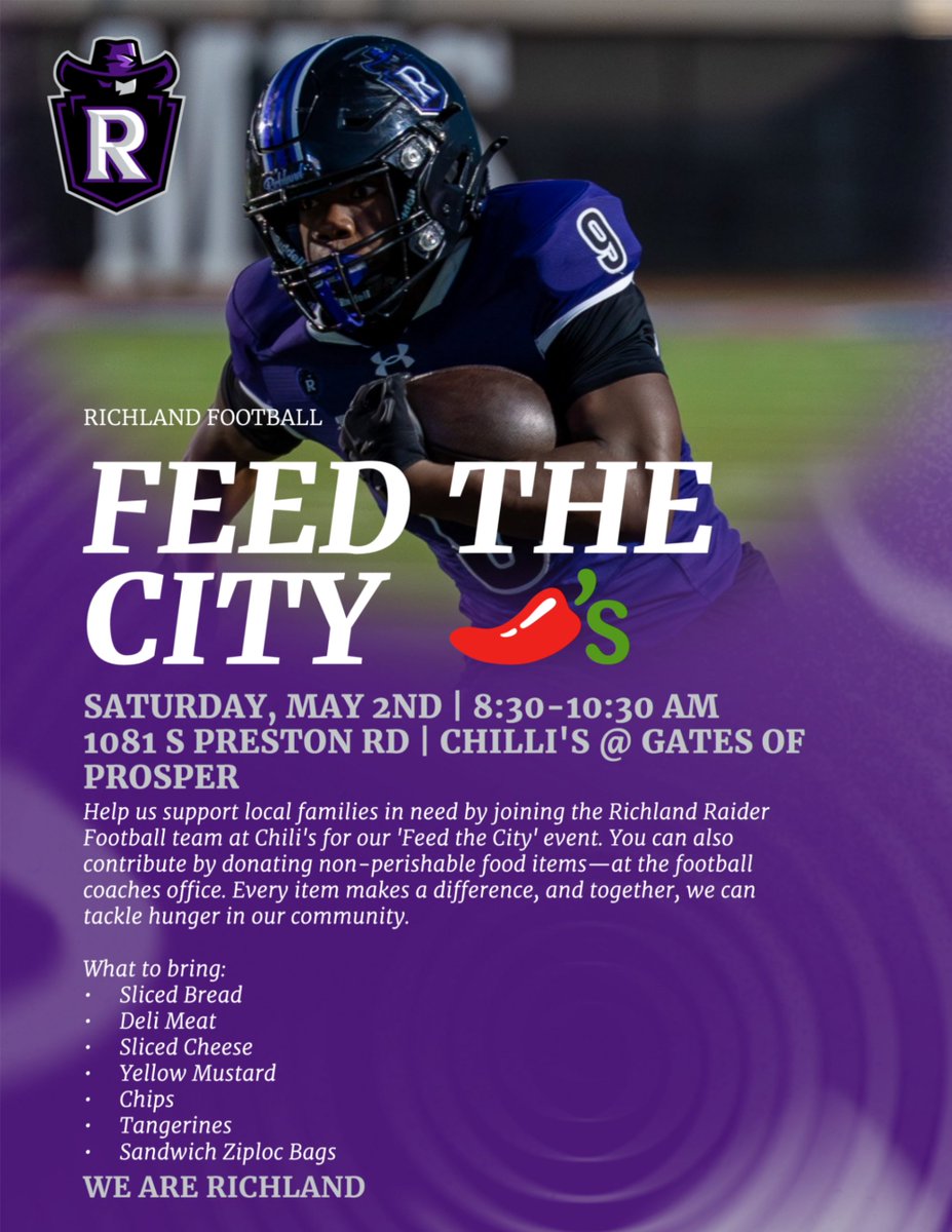 Richland_FB's tweet image. ONE MORE DAY!! End the week off right! Help us support local families in need by joining the Richland Raider Football team at Chili's for our 'Feed the City' event. 

- May 2nd | 8:30-10:30 AM
- Chilli's @ Gates of Prosper

#WeAreRichland | #Westside | #TTP