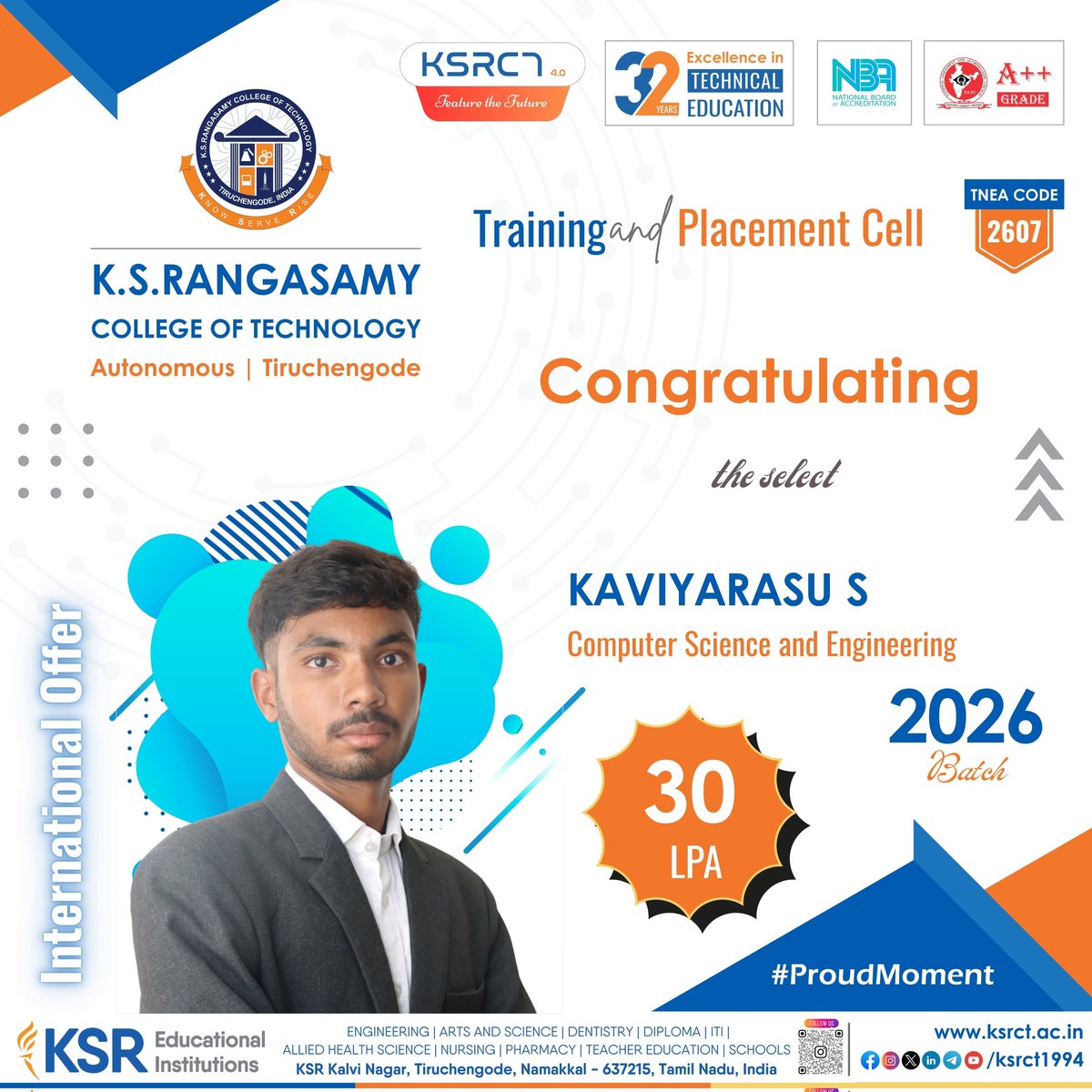 ksrct1994's tweet photo. International Placement Offer with an impressive 30 LPA package!
#ksrct1994 #ksr #ksrei #InternationalPlacement #PlacementSuccess #GlobalOpportunity #ComputerScienceAndEngineering #ProudMoment #StudentAchievement #FutureReady #SuccessStory https://t.co/ugMRCG1Fqf