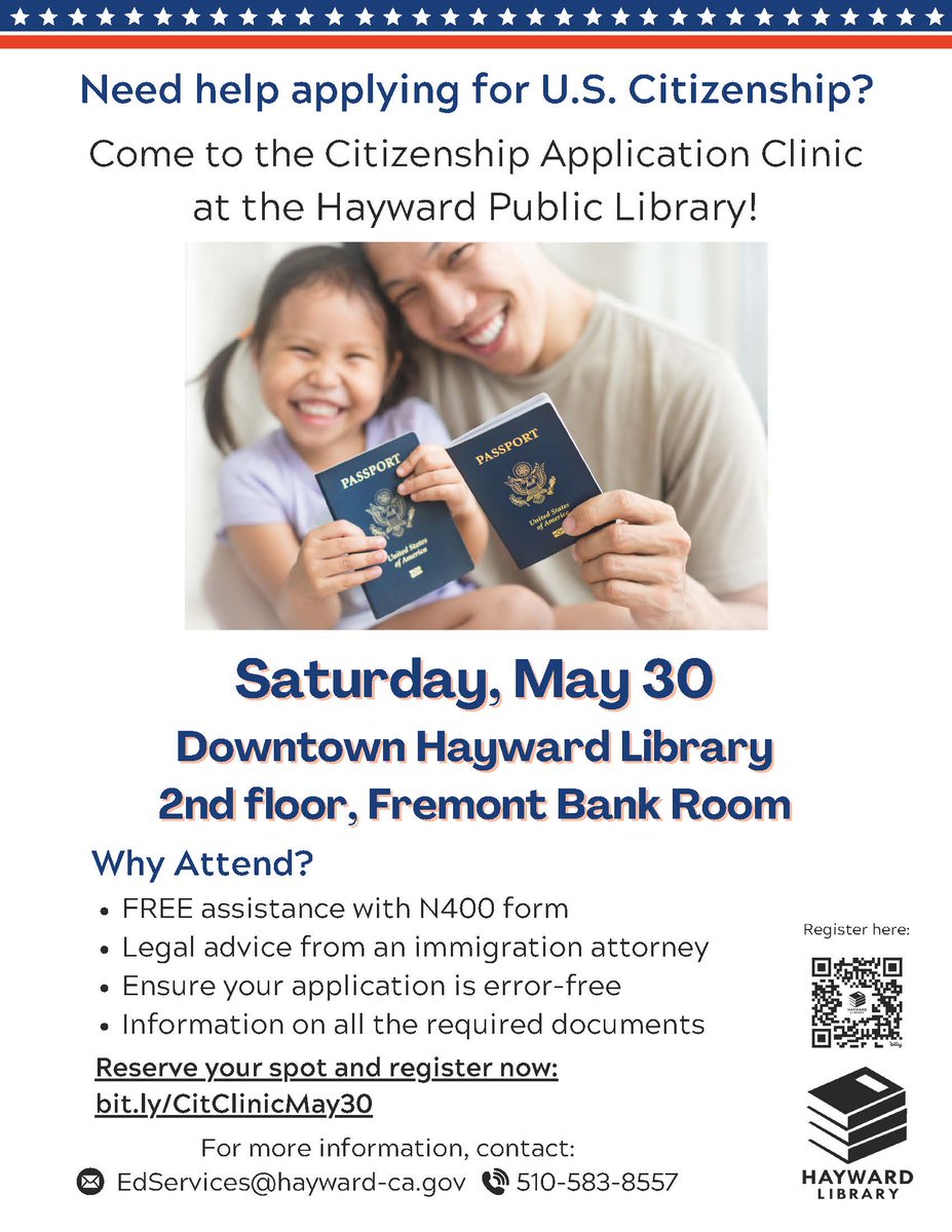 HaywardLibrary's tweet photo. Join us at the Hayward Public Library’s FREE Citizenship Application Clinic at the Downtown Library on Saturday, May 30! Get your N-400 citizenship application reviewed by an immigration attorney, receive free legal advice, and more!

Sign up here: https://t.co/NdDJ7KCCJA https://t.co/tztr4MWDI3