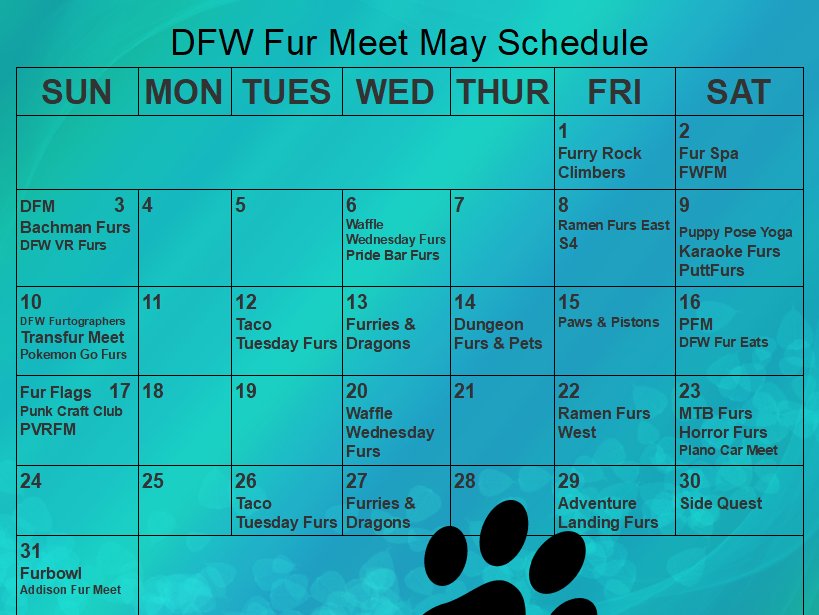 DFWFurs's tweet photo. The May furmeet calendar is here #DFWFurs!

Please refer to the key to see organizers, locations, and requirements to attend for each meet! ❤️🐾 https://t.co/We9U9DwXFw
