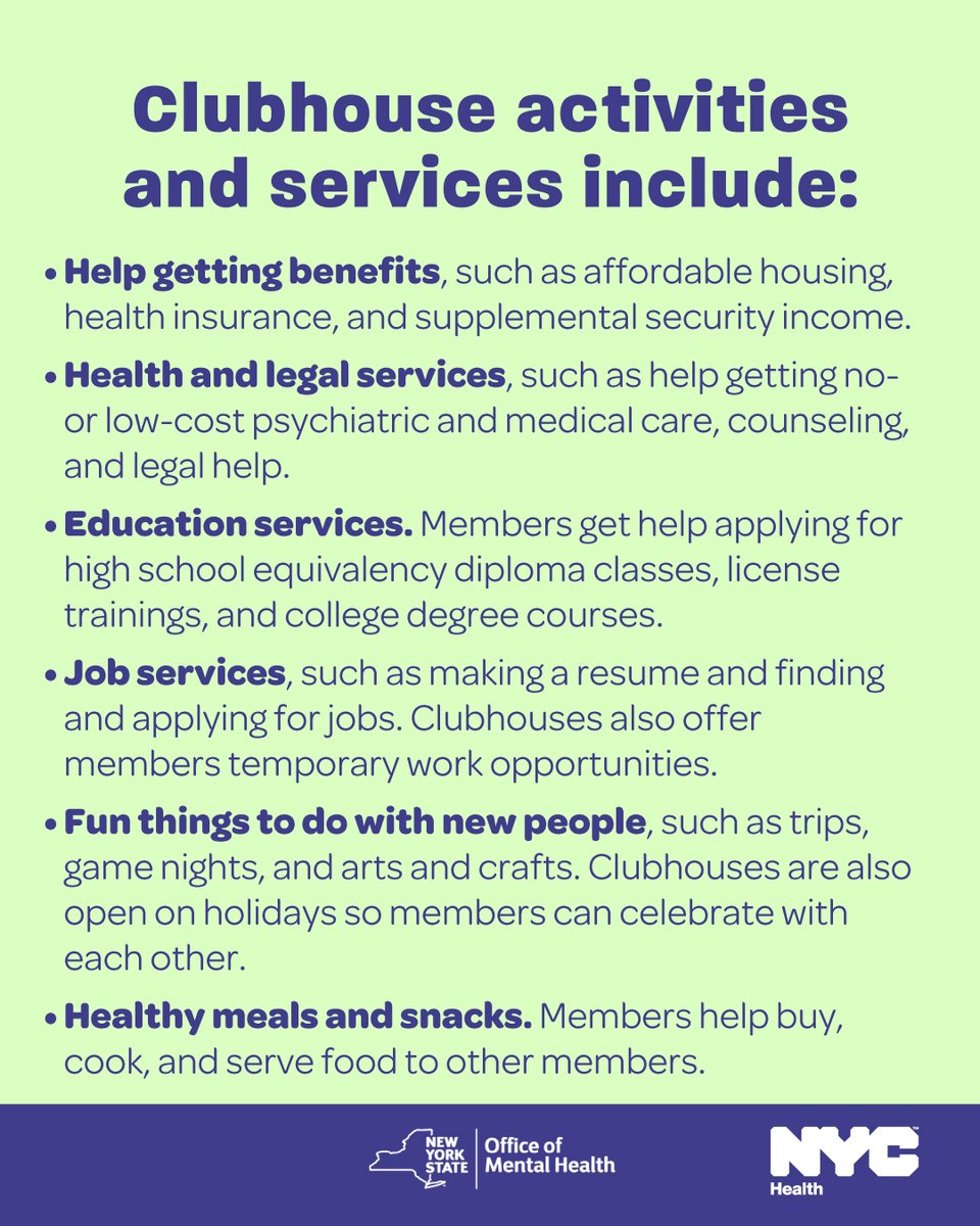 nycHealthy's tweet image. May is #MentalHealthMonth. One way we're supporting New Yorkers with serious mental illness is through clubhouses. 

Clubhouses help people who join to build social connections, get resources and services, and find a supportive community of peers: nyc.gov/clubhouses