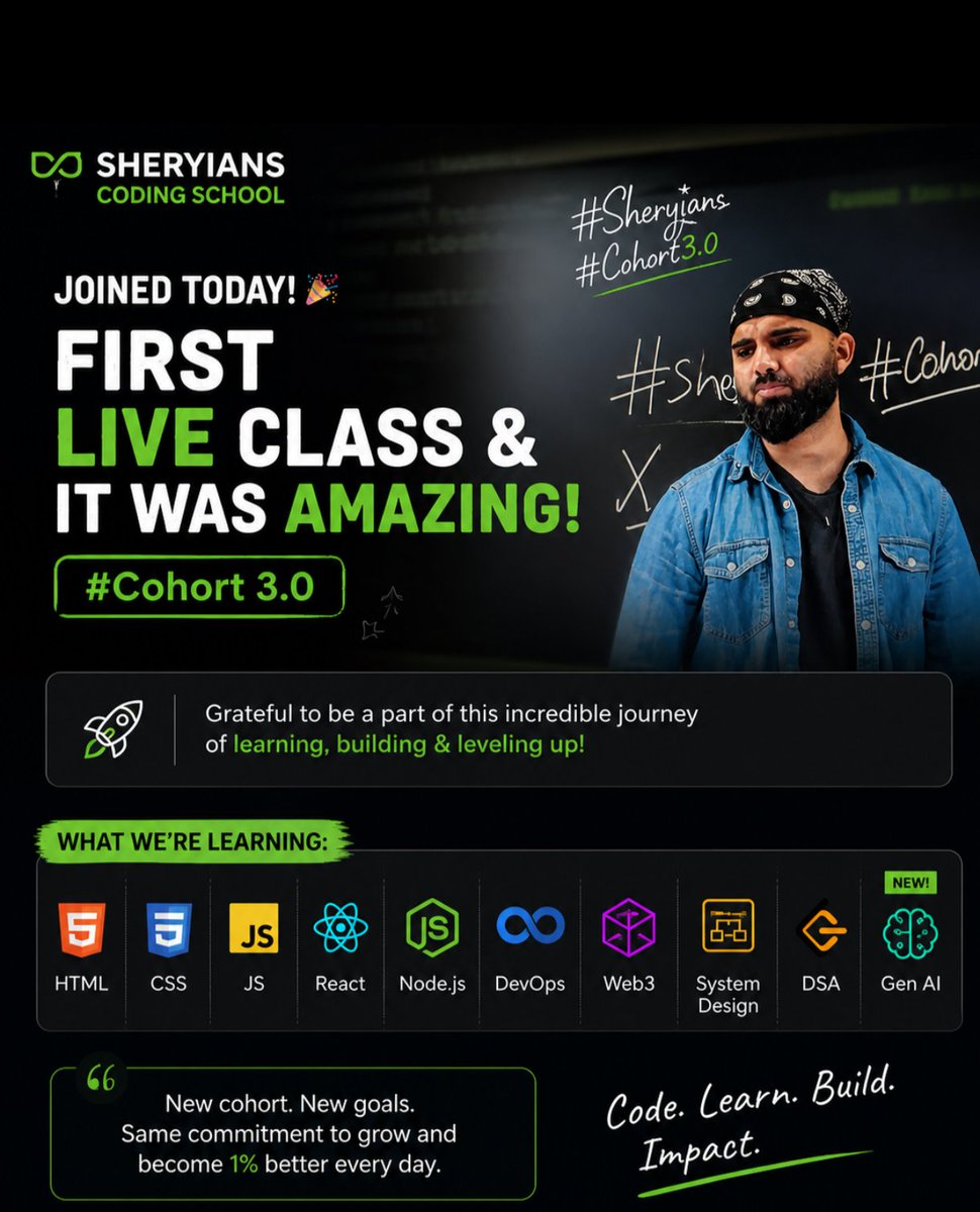 NamanHayaran's tweet image. 🚀 Day 1 at Sheryians Coding School
First live class &amp;amp; it was amazing!
Excited for Cohort 3.0 💻
Learning: HTML, CSS, JS, React, Node.js, DevOps, Web3, System Design, DSA
Let’s grow &amp;amp; build 💪
#Sheryians #Cohort3 #Day1 #CodingJourney