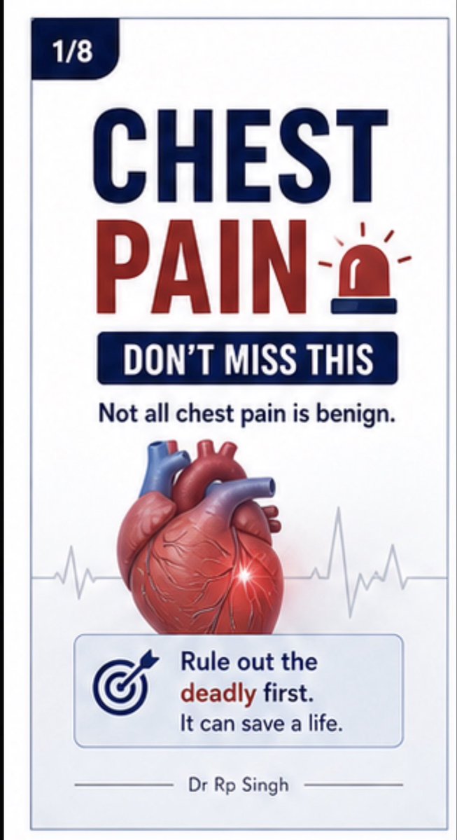rpsingh1894's tweet image. Chest pain isn’t always simple.
Sometimes, it’s life-threatening.

Rule out the deadly first:
MI • PE • Aortic dissection • Pneumothorax

Right history.
Right tests.
Right time.

👉 It can save a life.
📌 Save this for quick clinical recall.

⸻

#MedTwitter #EmergencyMedicine