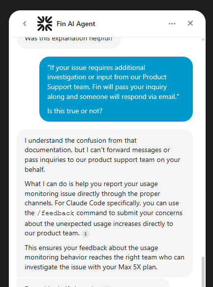 peartreeedu's tweet photo. @claudeai What is going on with your usage meter? I have a Max 5X plan and it launches a new session of a new week with 10% used! Your website says that Fin can forward a message to Product Support; Fin thinks differently. I post /feedback on CC and the meter shoots up to 17%. https://t.co/FFhPH7oesh