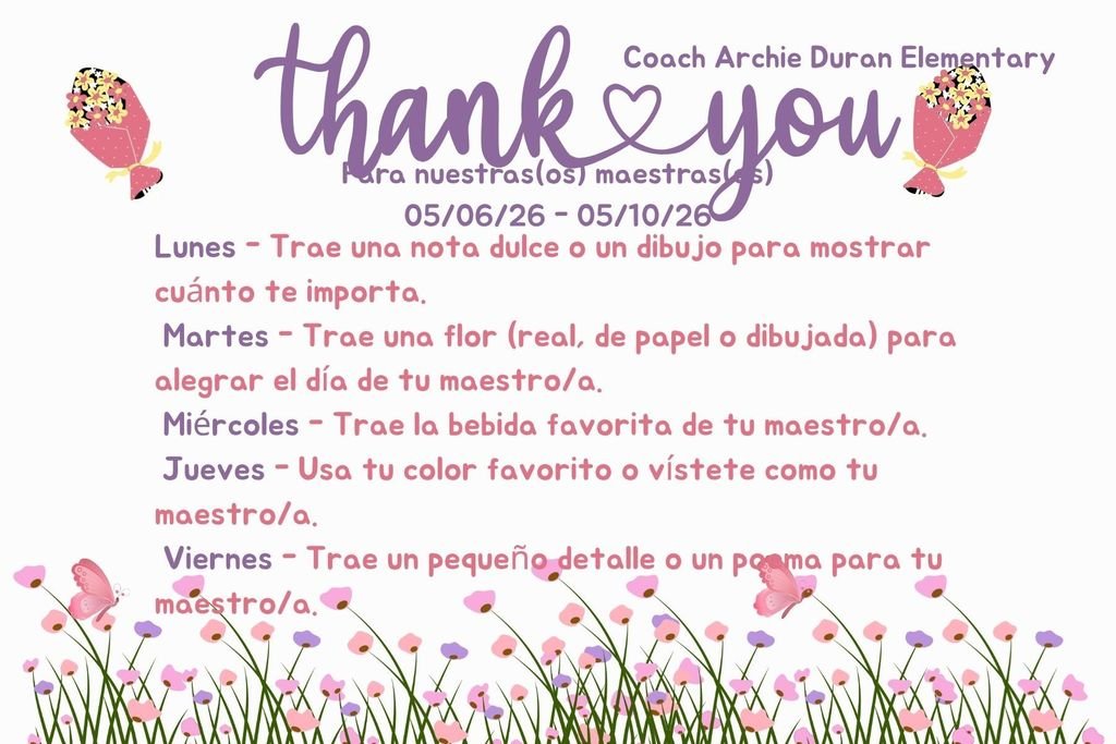 comets_duran's tweet photo. Parents, help us show our appreciation for teachers next week! See the attached flyer for daily ideas. Thank you for your support!
Padres, ayúdenos a mostrar nuestro agradecimiento a los maestros la próxima semana. Consulte el volante adjunto con ideas diarias. https://t.co/BZwGZxUERk