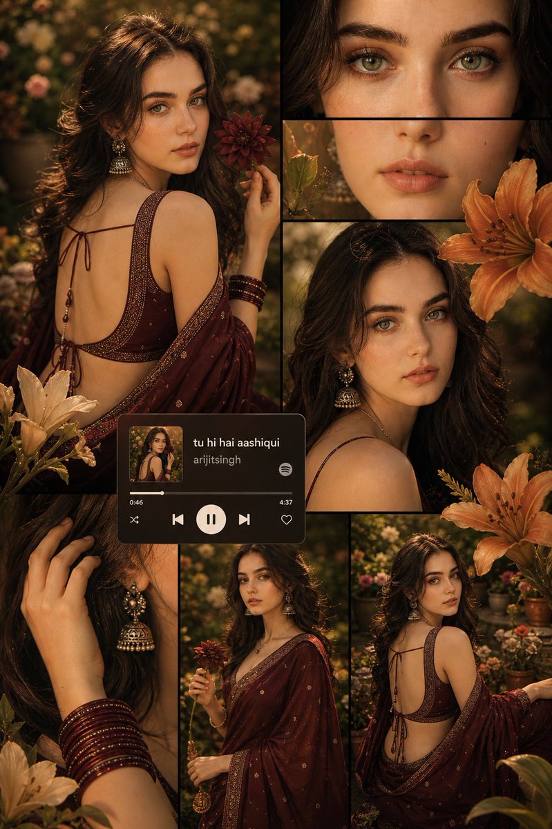 gemini_prompts's tweet image. Trend 518
Viral #instagram prompt
Along with a new western version ❤️

Prompt 1:
"Create an image warm-toned cinematic portrait collage of a young girl(match face) with soft glowing skin, subtle freckles, and glossy nude lips. She has long dark black hair styled in loose waves