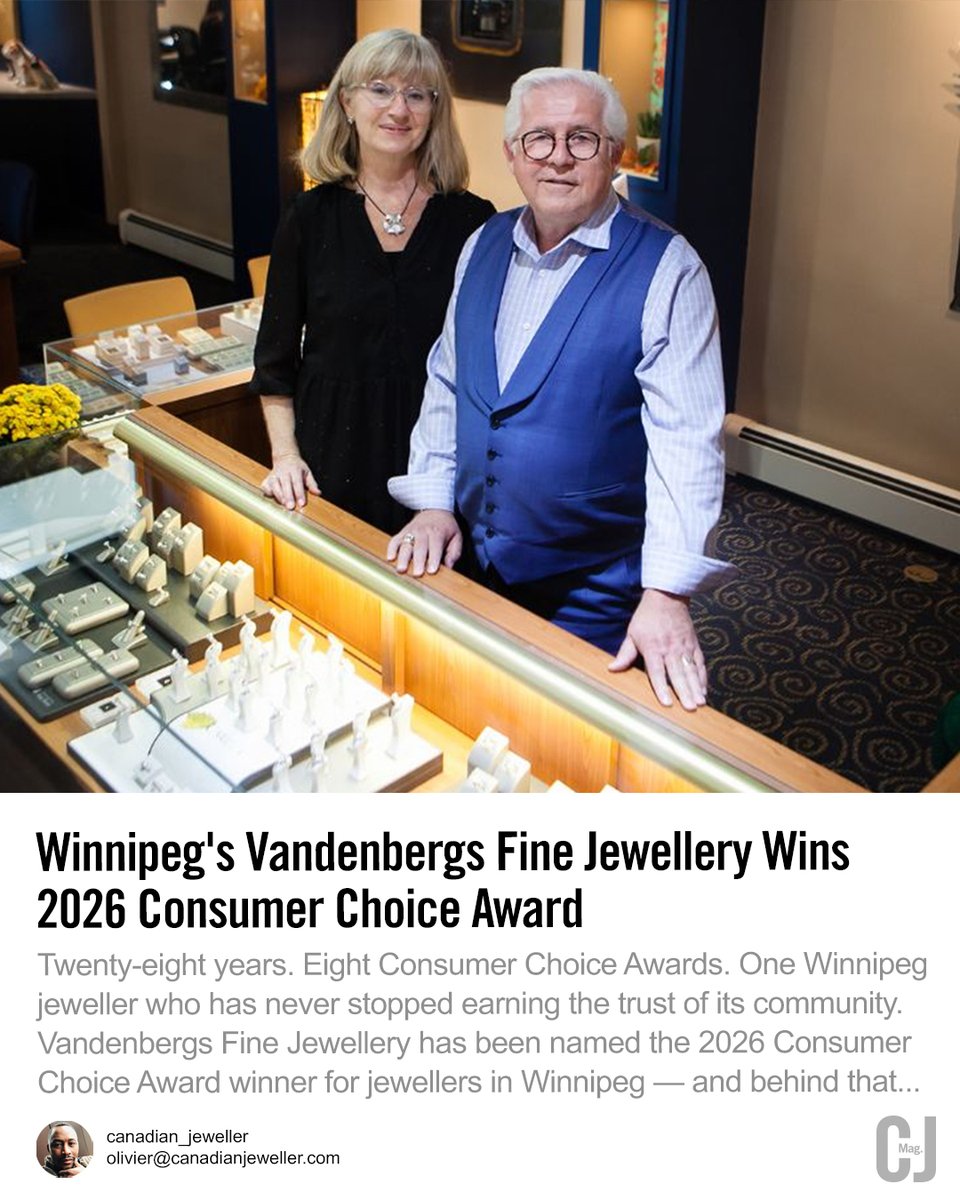 CJ_mag's tweet photo. Winnipeg's Vandenbergs Fine Jewellery just took home the 2026 Consumer Choice Award for jewellers, and it is their eighth year running. Read the full story on https://t.co/WhxDHIYs6j Subscribe for more. #ConsumerChoiceAward #FineJewellery #canadianjeweller #timeshiners #Winnipeg https://t.co/qyLCt2jgPW