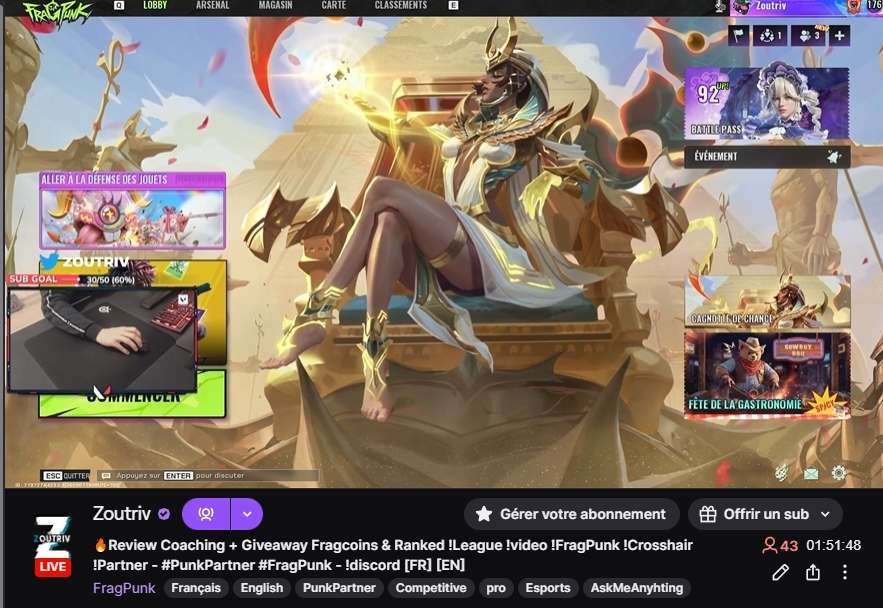 Zoutriv's tweet photo. Toujours LIVE sur @PlayFragPunk le goal est a 50 viewers pour le #giveaway on est proche rejoignez : https://t.co/0fopMfCPiT

FRAGCOINS
BATTLEPASS
MEMBERSHIP ... #PunkPartner #FragPunk https://t.co/lz4jWD5UYq