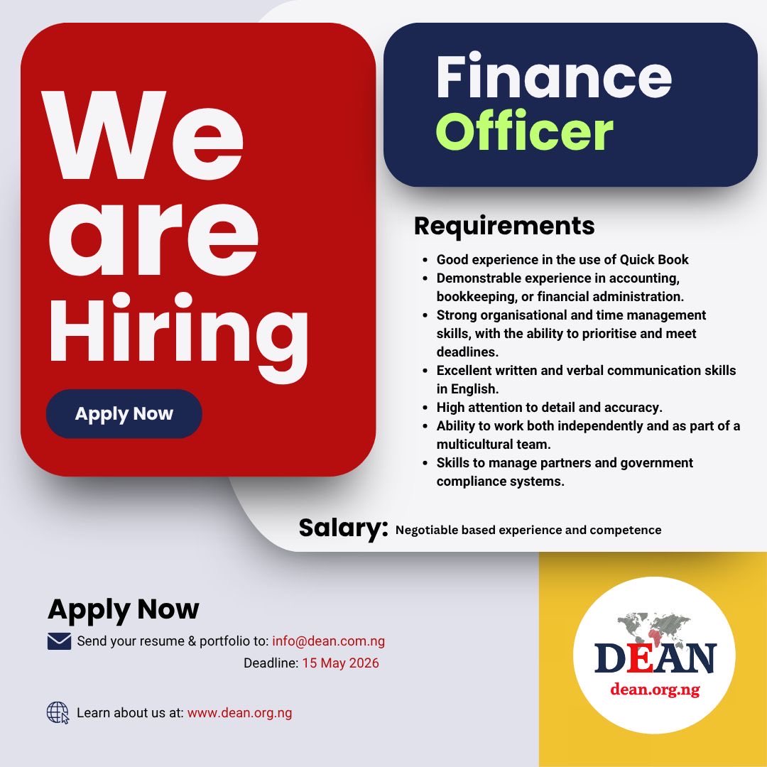 Join DEAN as Finance Officer. 

Support the financial and administrative management of a Youth-Driven NGO.

Join us to deliver excellent results including budgeting, reporting, and day-to-day operations, while contributing to delivering our vision of empowering young people as
